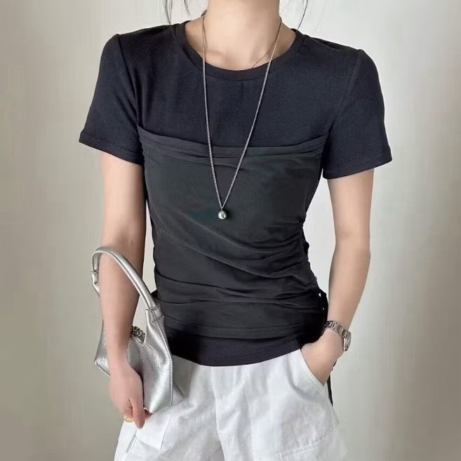 側抽繩假兩件網紗棉質衣