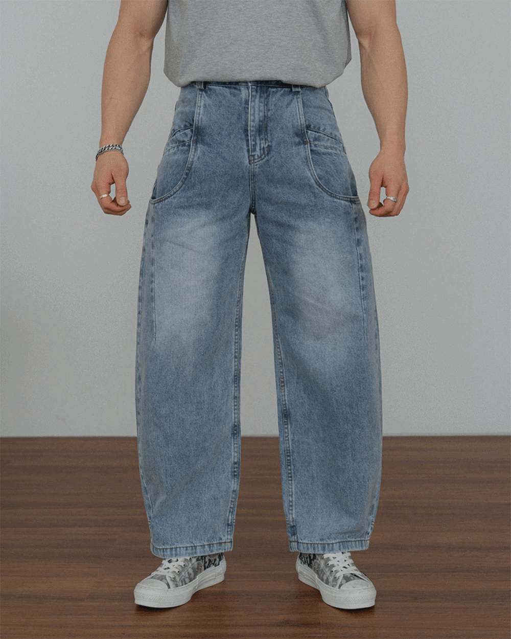 雙口袋弧形牛仔褲