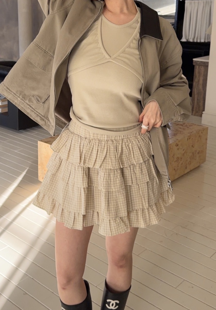 A33/田園精靈四層荷葉邊蛋糕格紋短裙