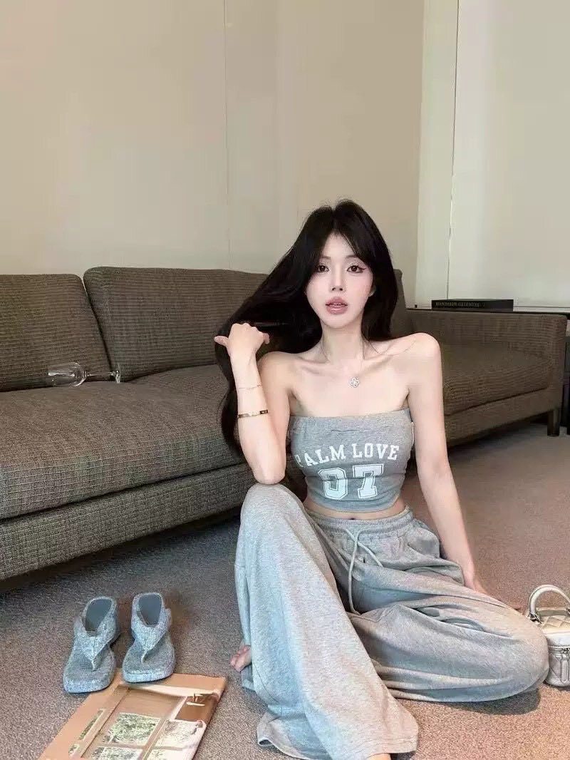 美式辣妹印字母休閒寬褲套裝