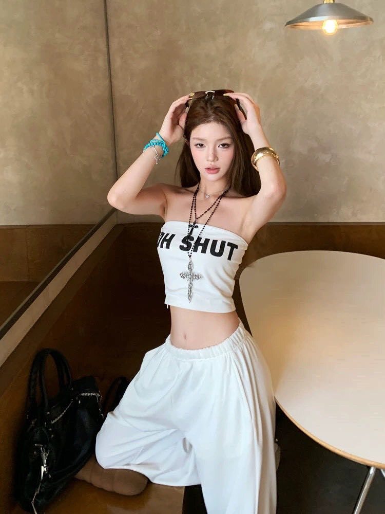 美式辣妹字母印花白色棉質闊腿褲套裝