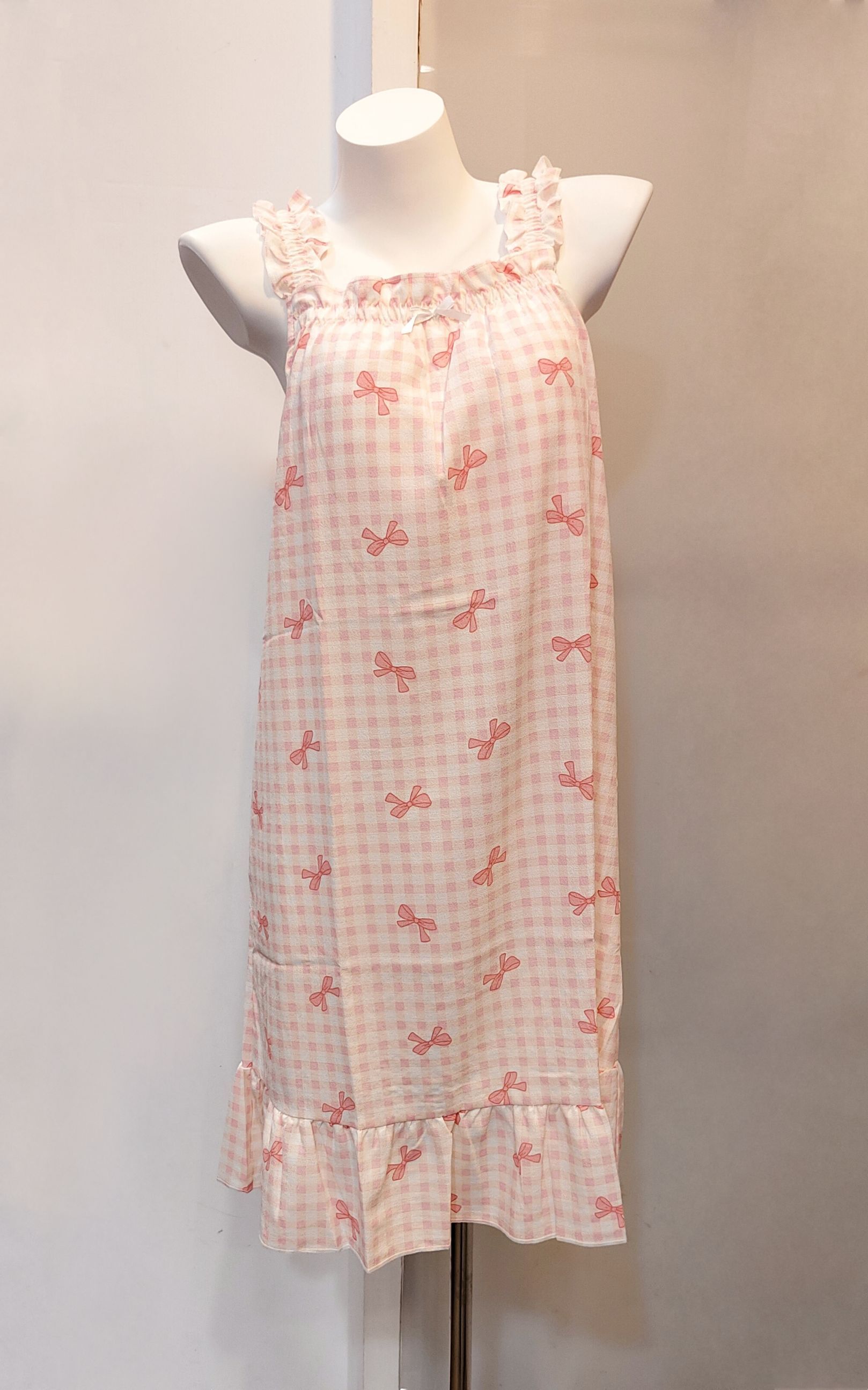 【粉格蝴蝶结】法式少女感連身睡裙