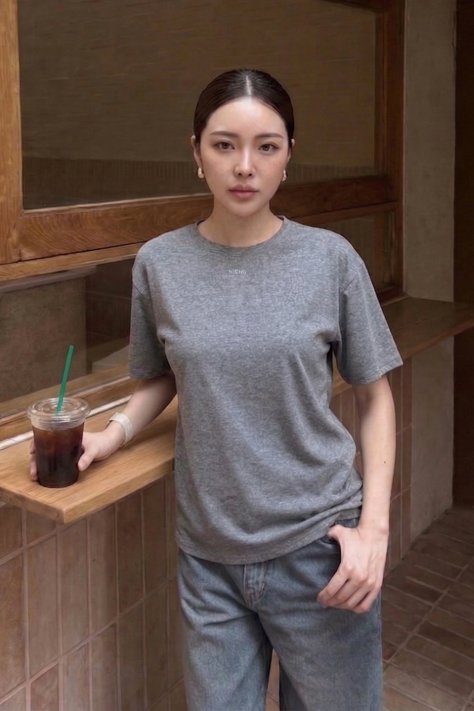 NICHU Embroidered Slim Fit Cool-Feel T-Shirt (U)
