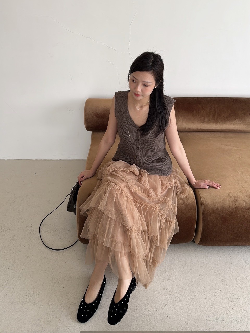 E16 個性紗長裙 （米/咖）