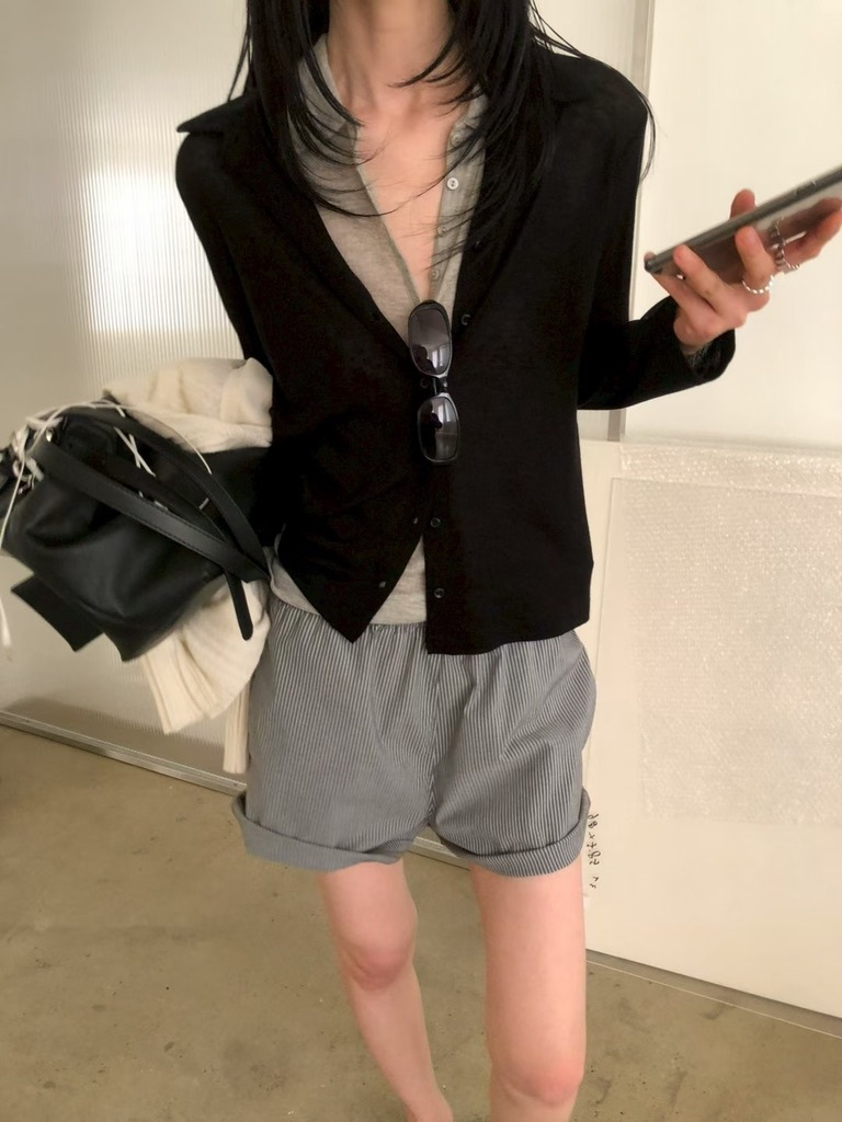 E04 透膚休閒小領上衣(深藍/灰/黑)