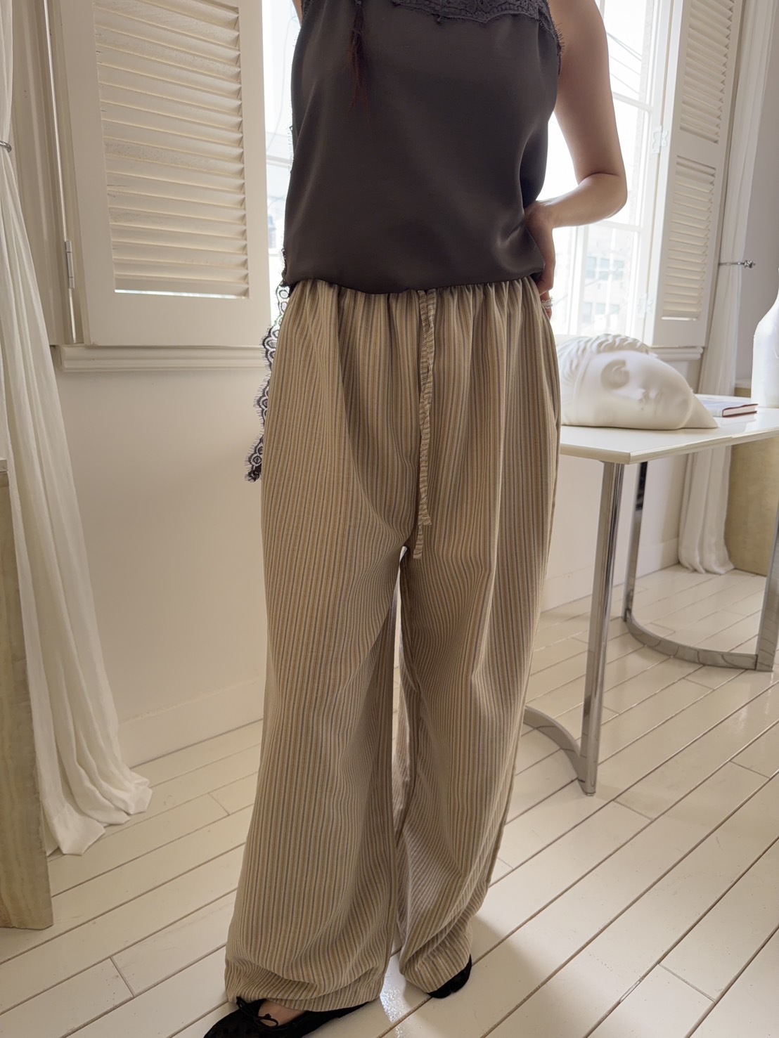 A63/鬆緊腰直線條紋長褲