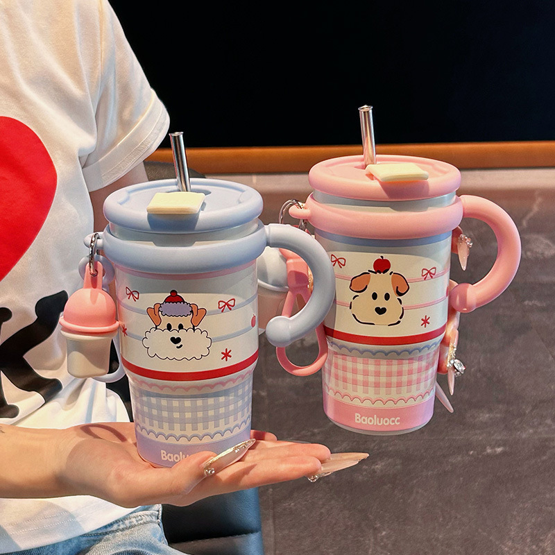 《6684》可愛少女心小狗吸管杯  600ml