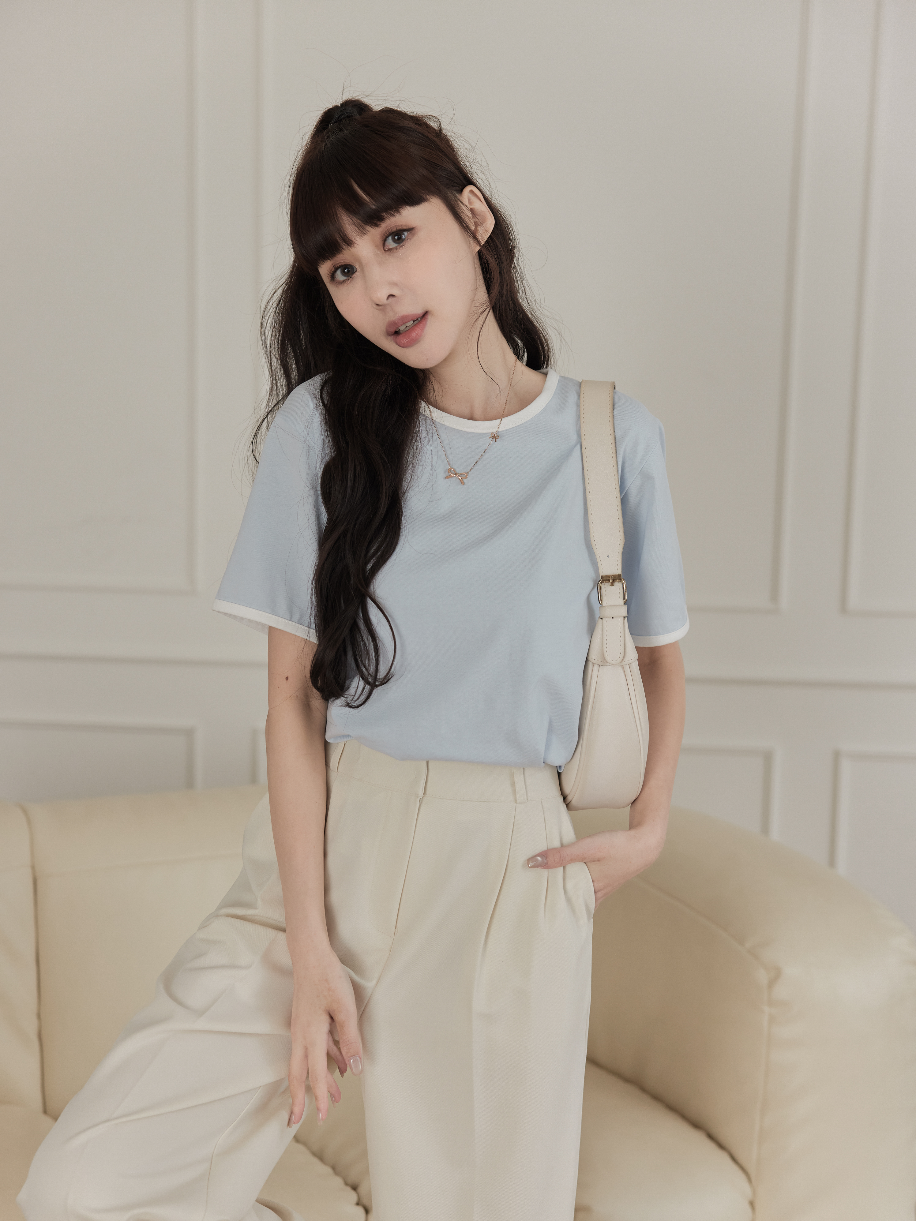 簡約撞色滾邊親膚上衣