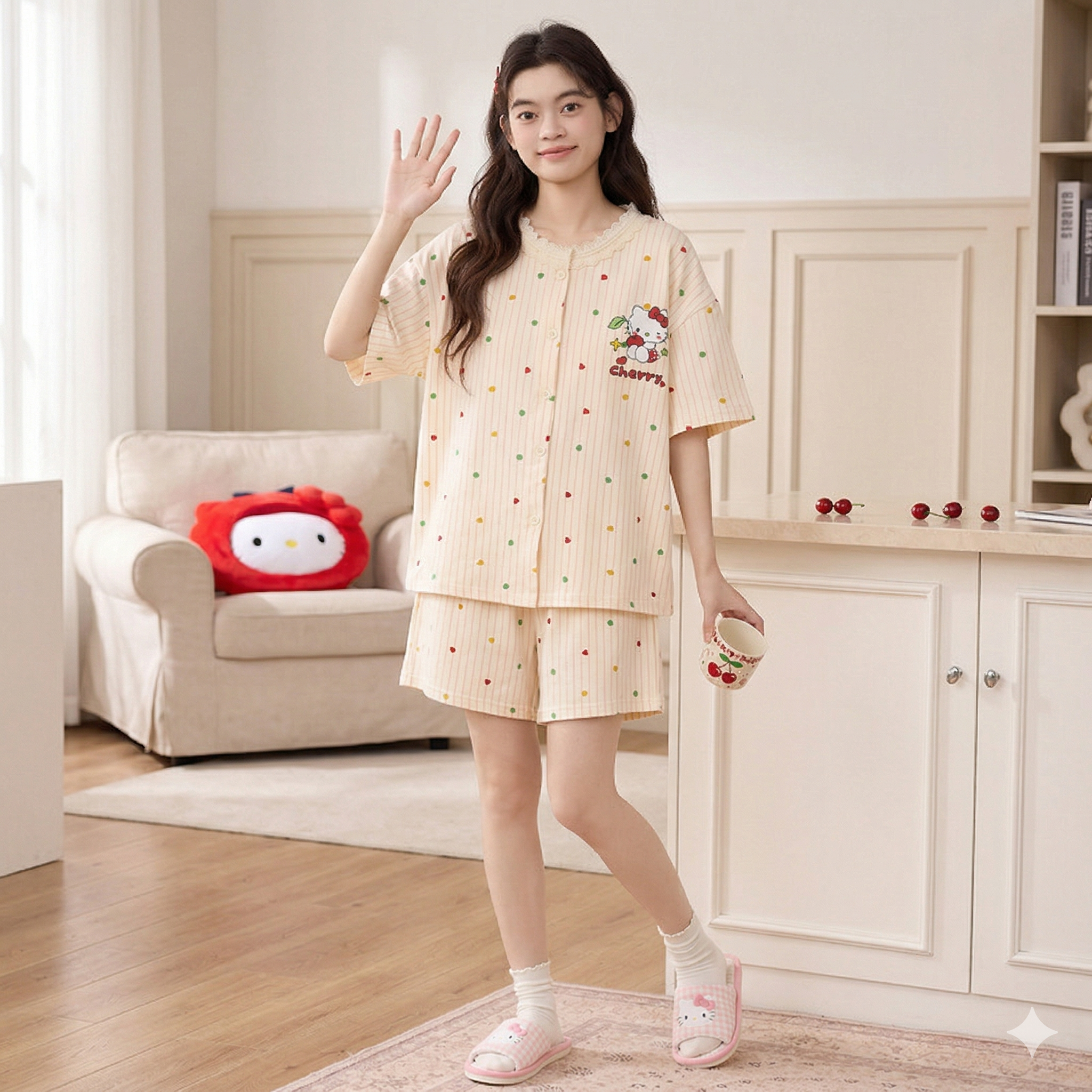 【Hello Kitty 】日系甜美櫻桃碎花睡衣套裝（兩件式）