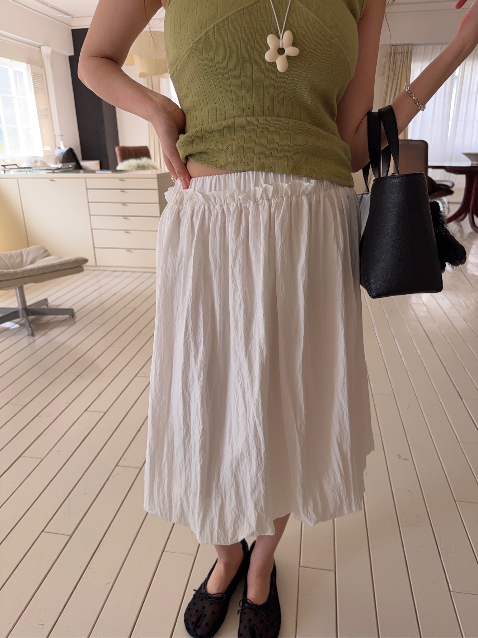 A32/卡莉歐琵鬆緊腰花苞感中長裙