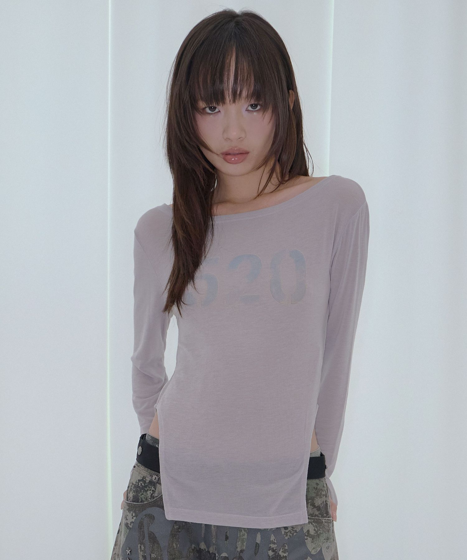 FANCY CLUB 船領透膚長袖上衣 灰色 F26QB047GR