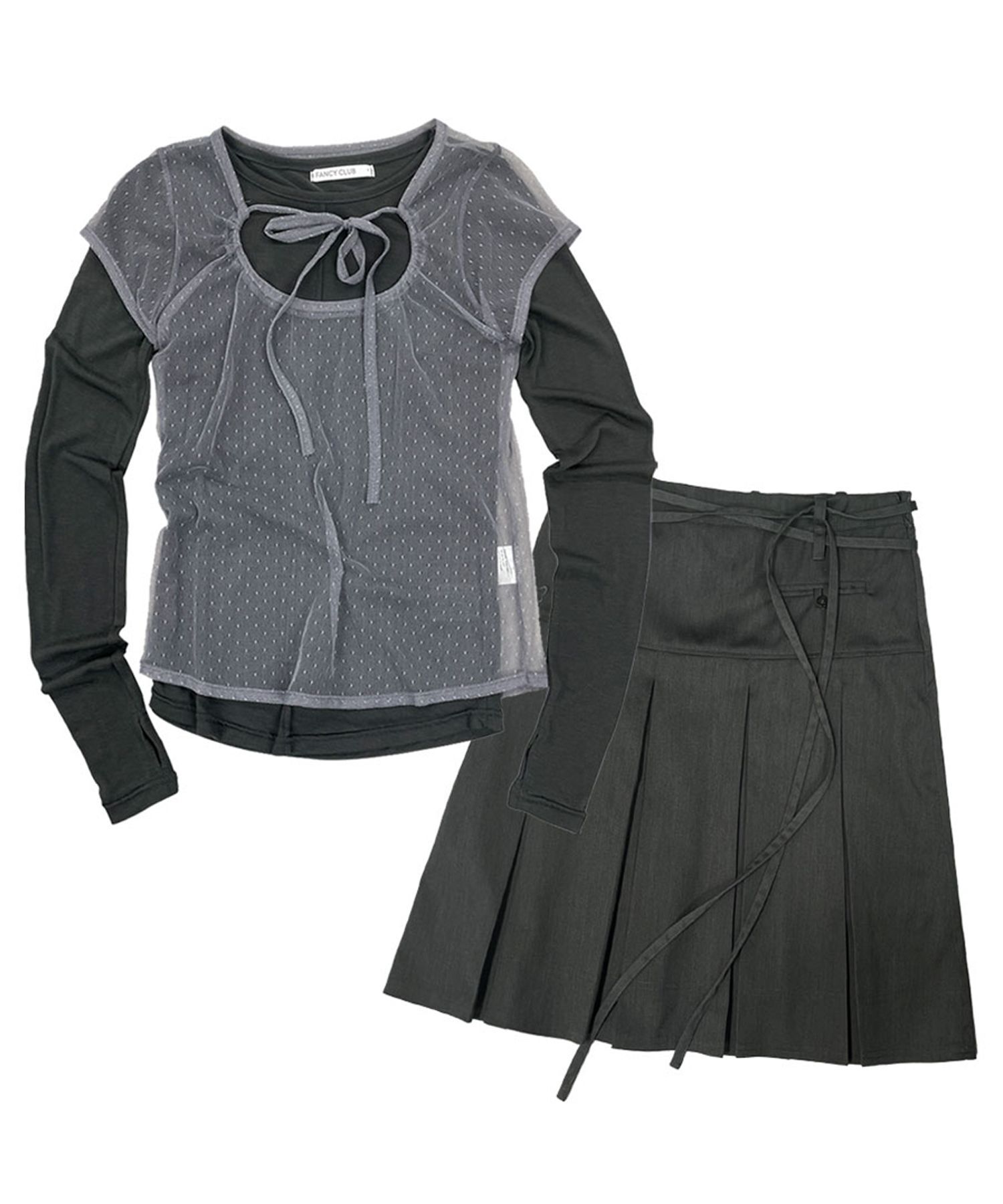 FANCY CLUB 點點疊穿長袖 × 正裝打褶中裙套裝 F24ZB071xZD871