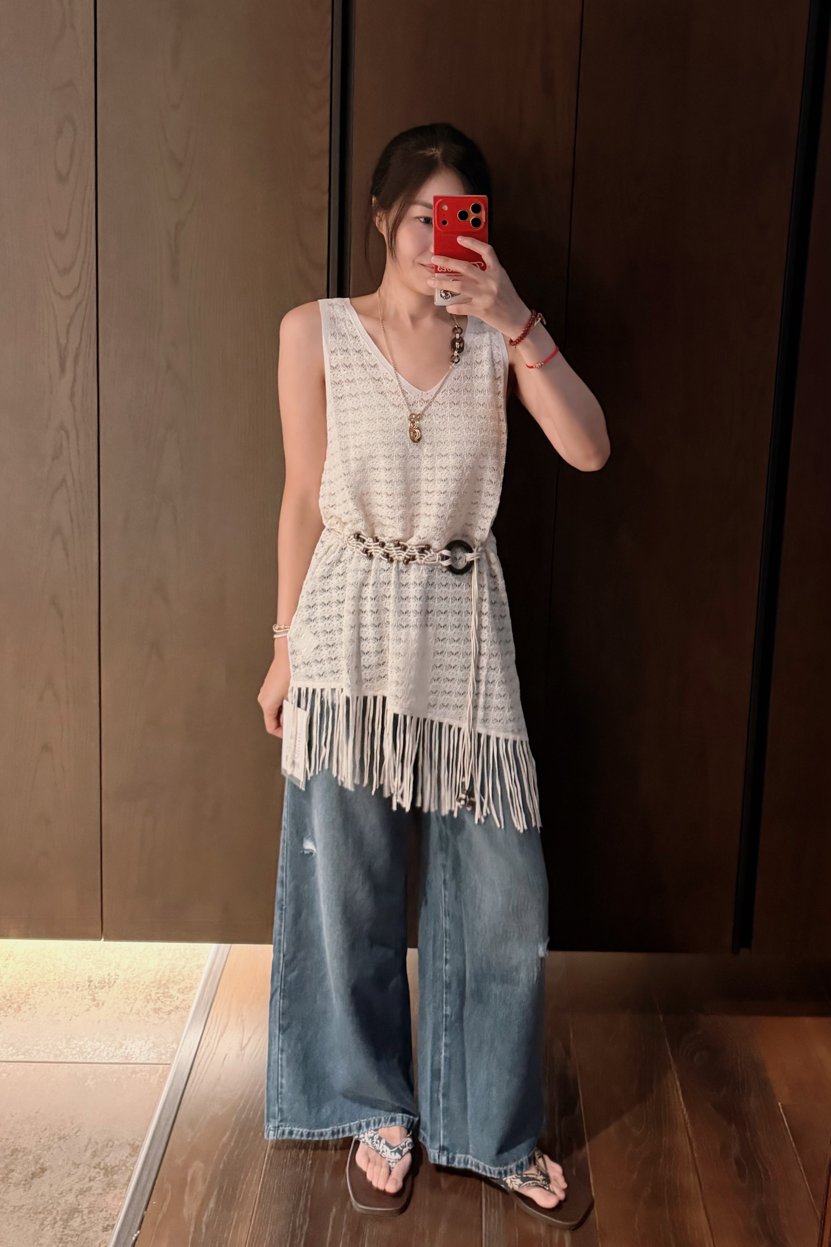 言午 波希米亞鉤花流蘇長版背心