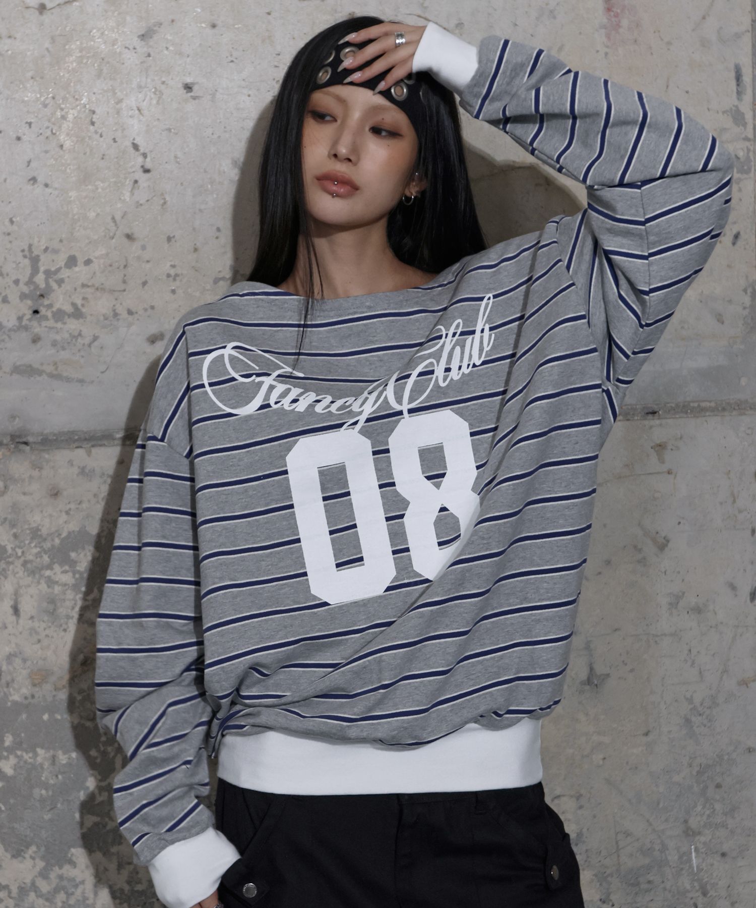 FANCY CLUB 條紋單肩衛衣 灰色 F25ZB017GR