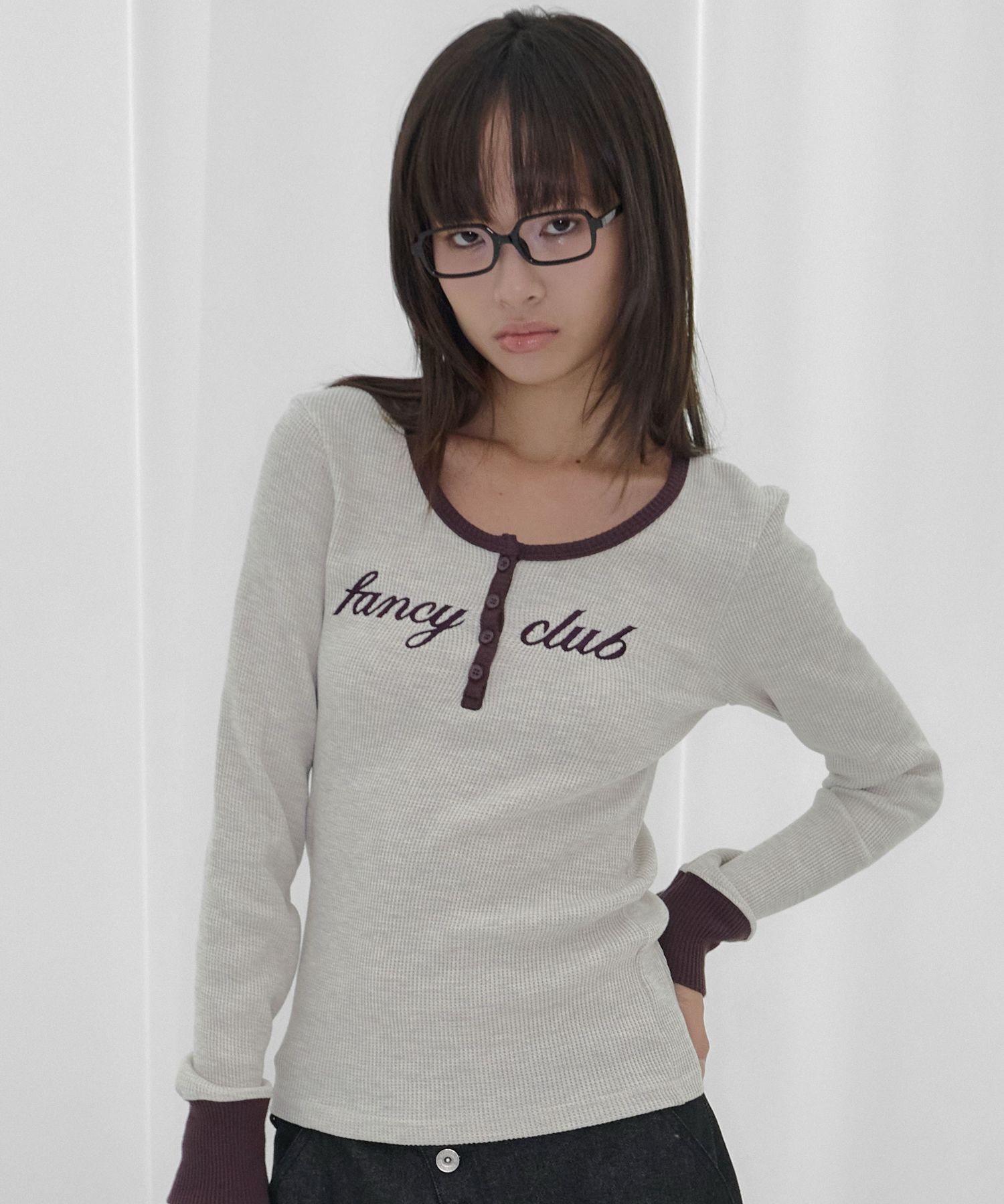 FANCY CLUB 亨利領華夫格長袖上衣 F26QB046OT