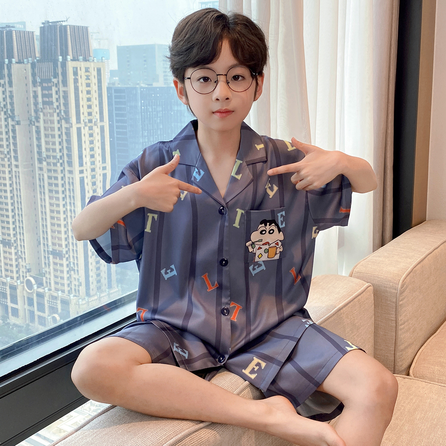 【蠟筆小新】美式條紋開襟套裝（親子款）