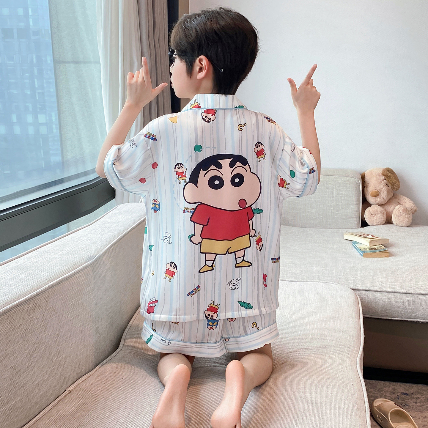 【蠟筆小新】大背圖條紋睡衣套裝（親子款）