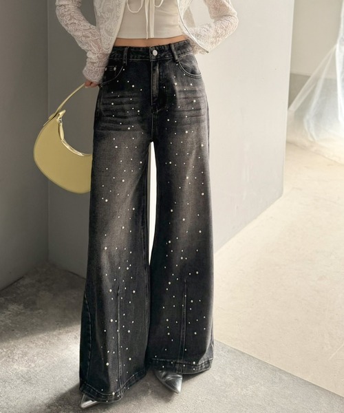 日本🇯🇵連線 Mily Bilet 珍珠串珠點墜闊腿直筒牛仔褲 珍珠 寬褲 牛仔褲 落地褲 長褲 直筒褲 闊腿褲 3色(任買兩件711免運)/預購