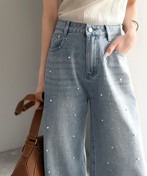 日本🇯🇵連線 Mily Bilet 珍珠串珠點墜闊腿直筒牛仔褲 珍珠 寬褲 牛仔褲 落地褲 長褲 直筒褲 闊腿褲 3色(任買兩件711免運)/預購