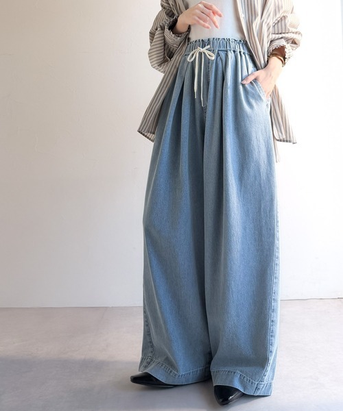 日本🇯🇵連線 JAVA 抽繩輕薄寬鬆牛仔長褲 腰部後鬆緊 男女可穿 寬褲 休閒褲 牛仔褲 闊腿褲 落地褲 長褲 3色(任買兩件7-11免運)/預購