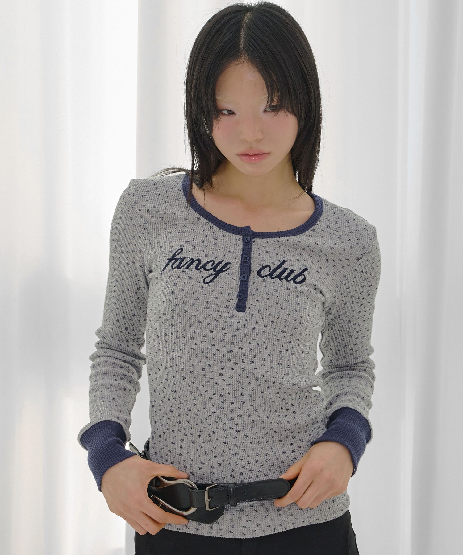 FANCY CLUB 亨利領華夫格長袖上衣 (花卉) F26QB046FW