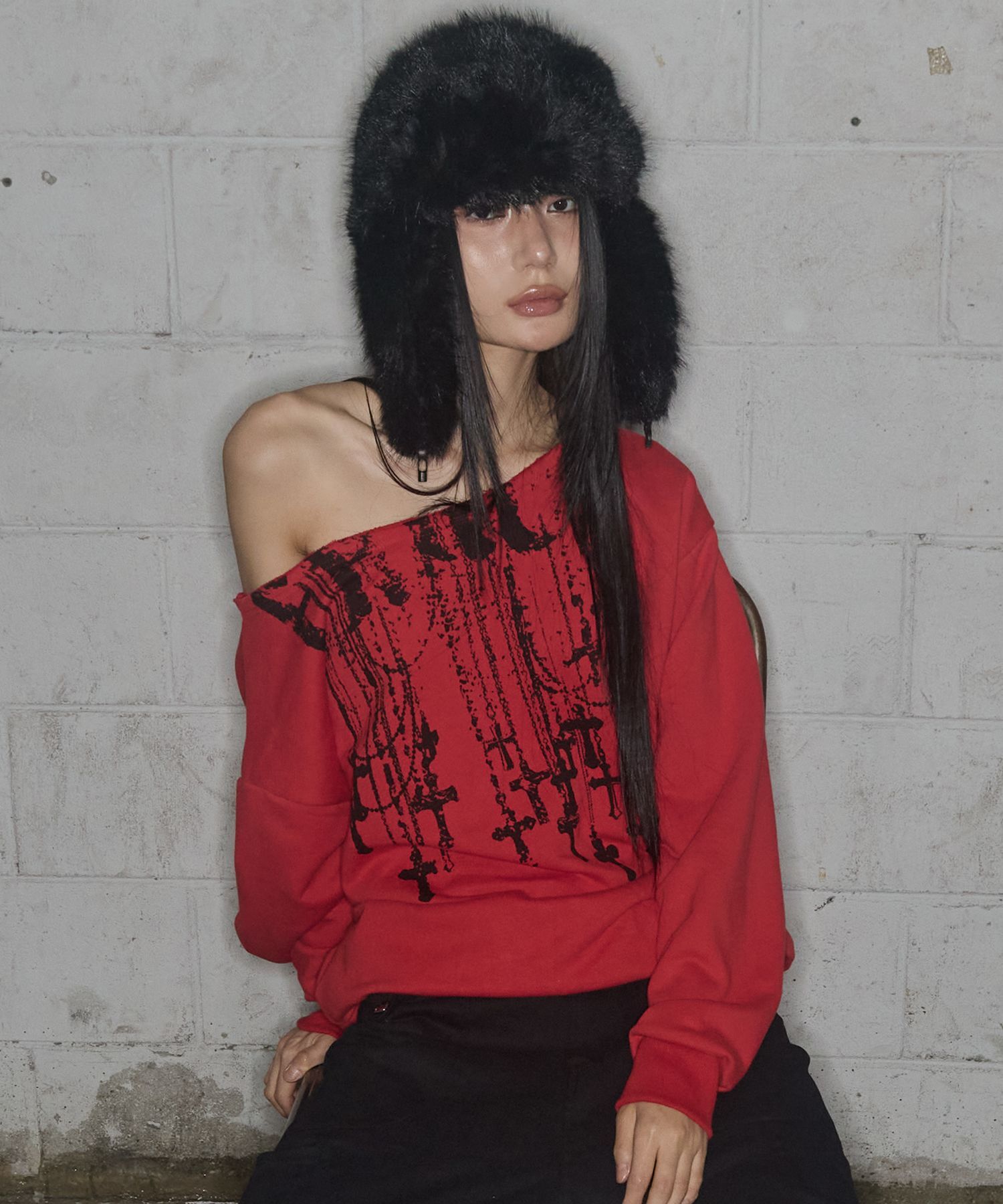 FANCY CLUB 項鍊單肩衛衣 紅色 F25ZB037RD