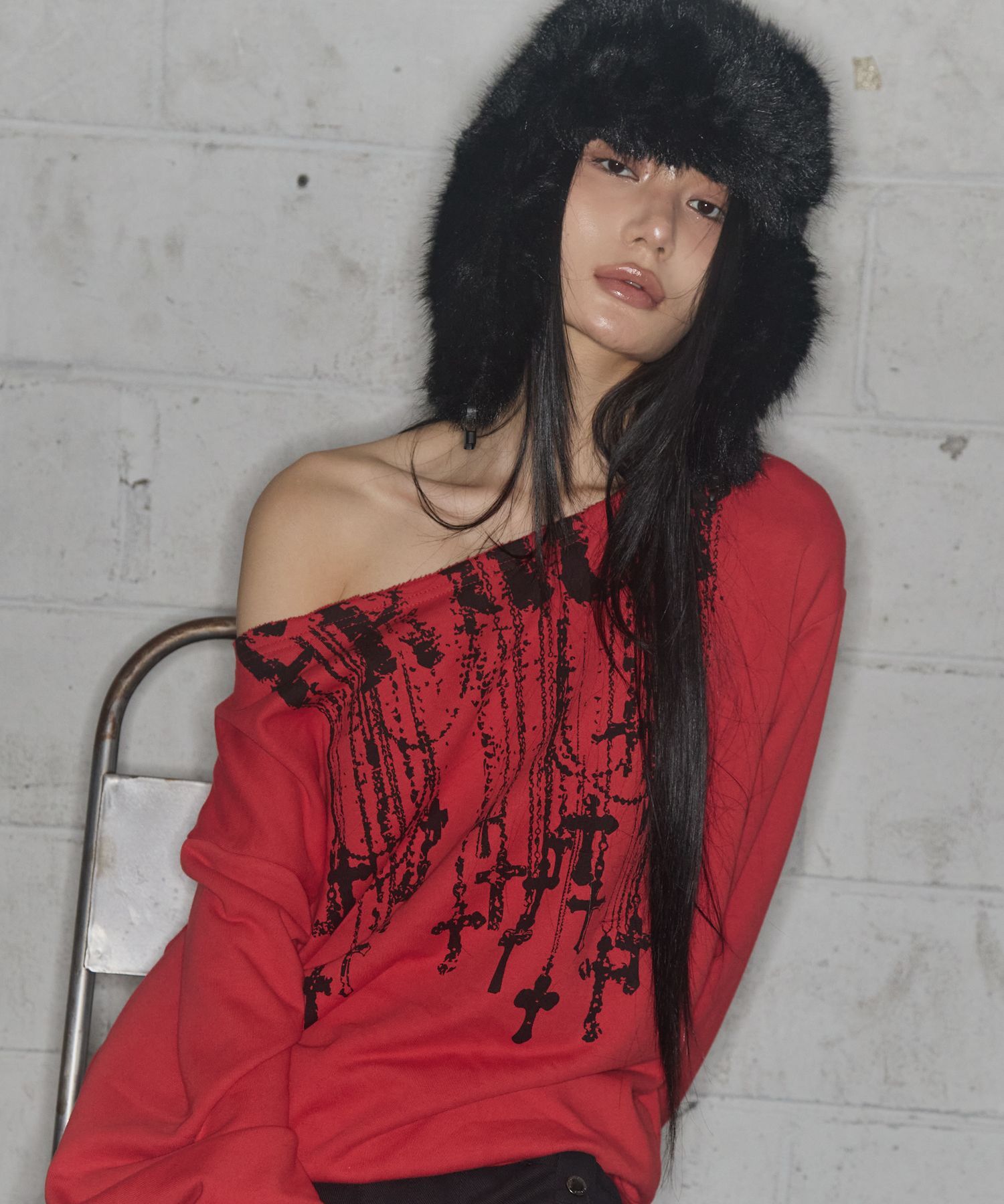 FANCY CLUB 項鍊單肩衛衣 紅色 F25ZB037RD