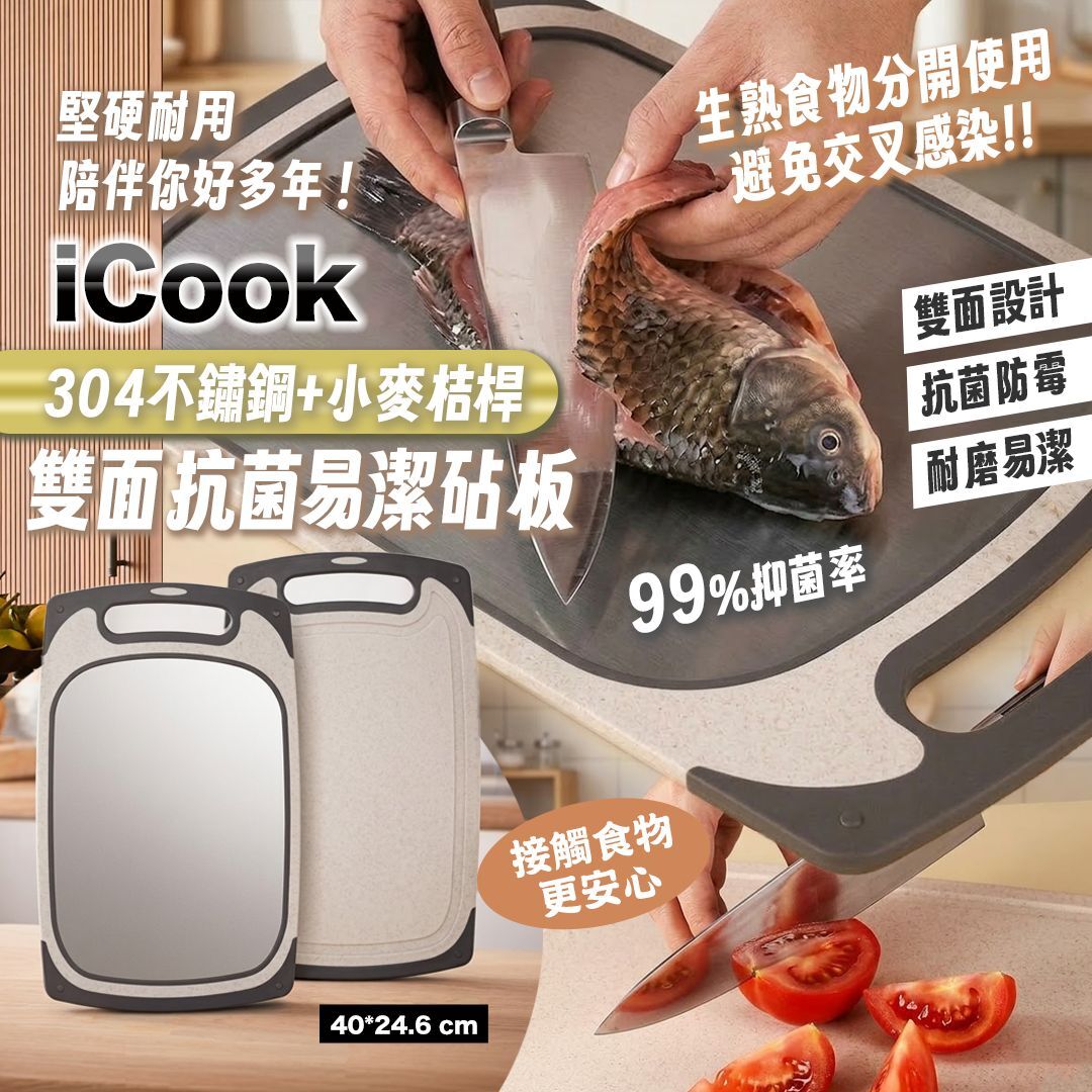 [D2944] iCOOK 304不鏽鋼+小麥桔桿雙面抗菌易潔砧板