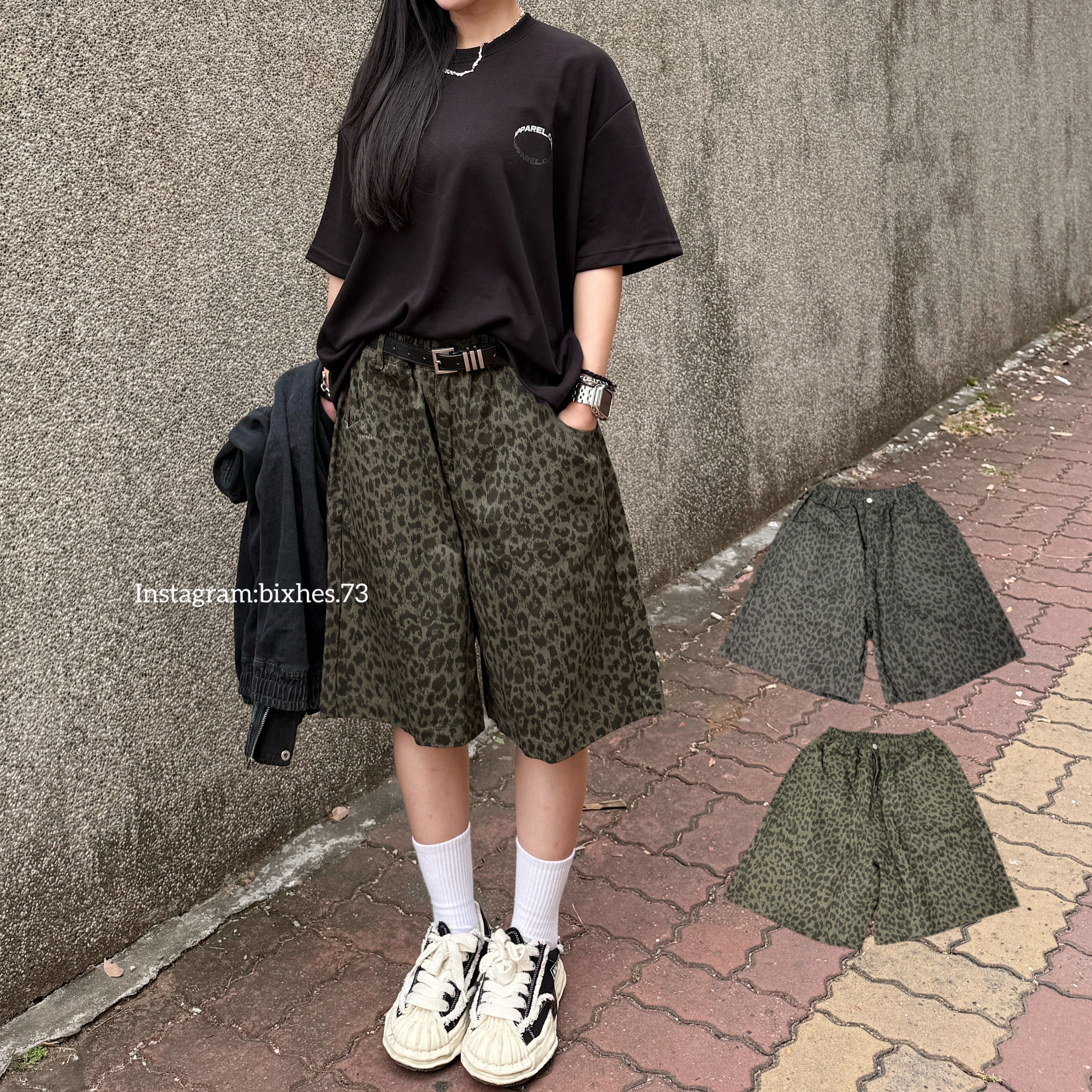 暗色豹紋寬鬆五分褲(E00075