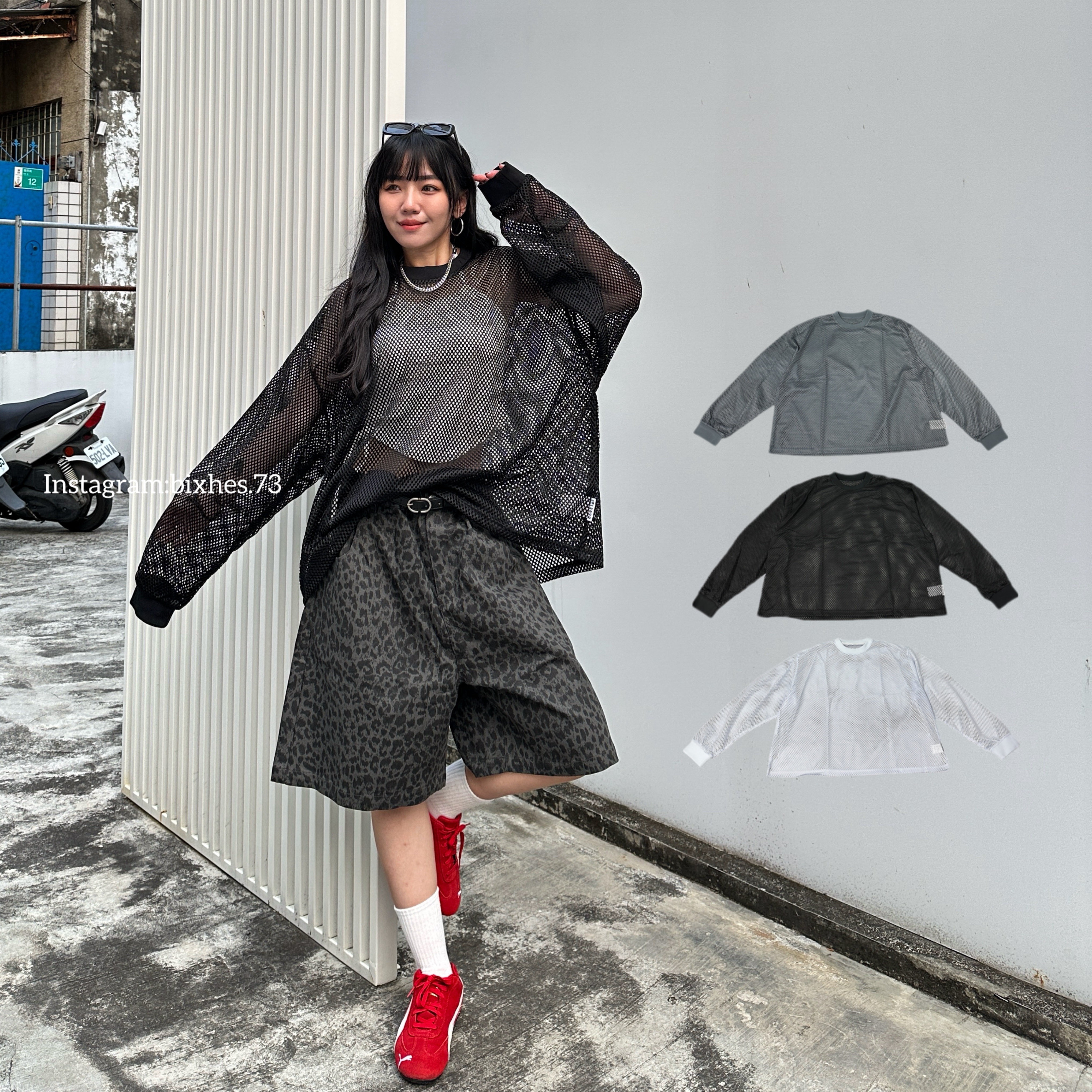 洞洞寬鬆網格長T(B00032)