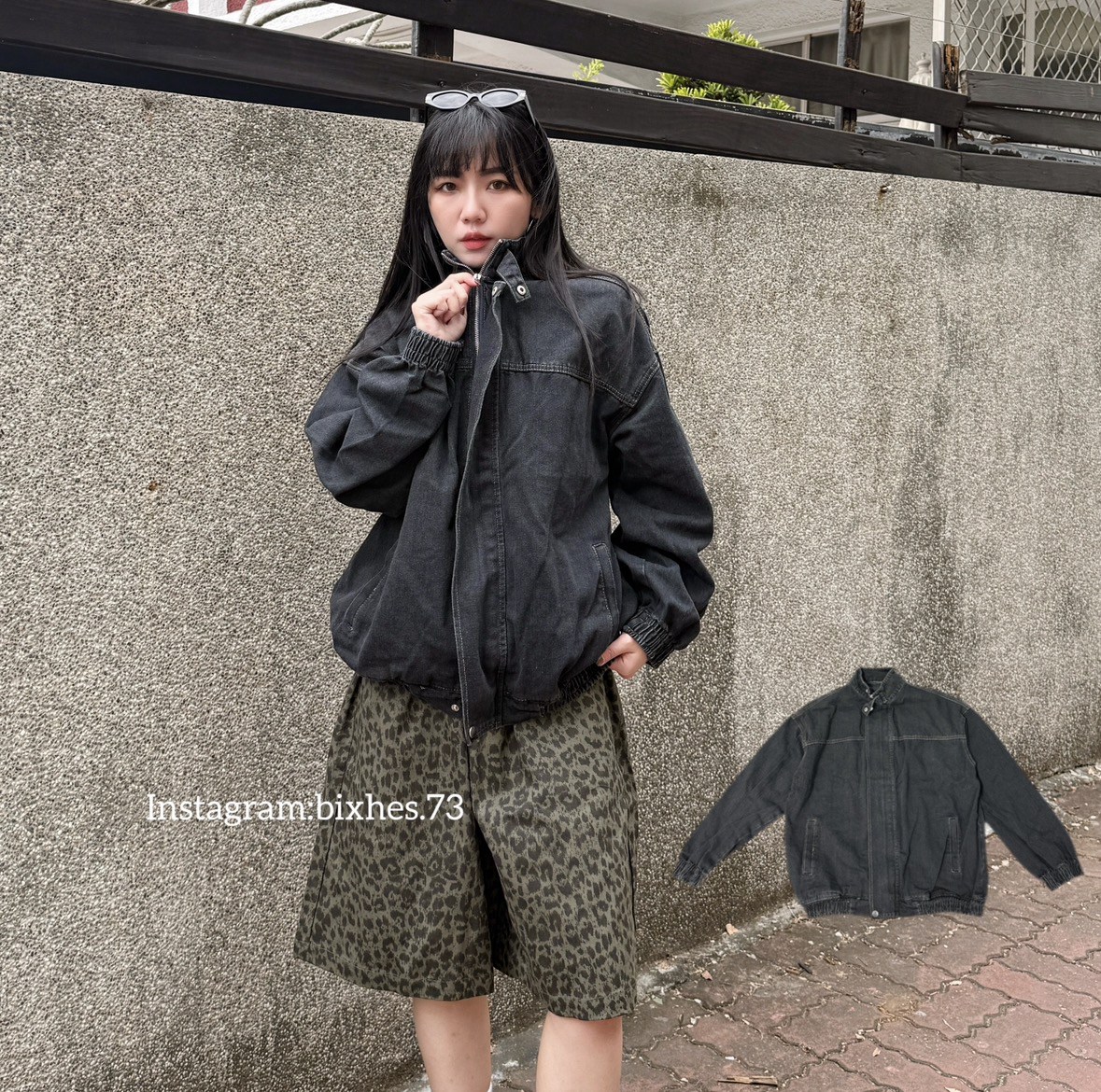 立領黑灰牛仔外套(F00017)