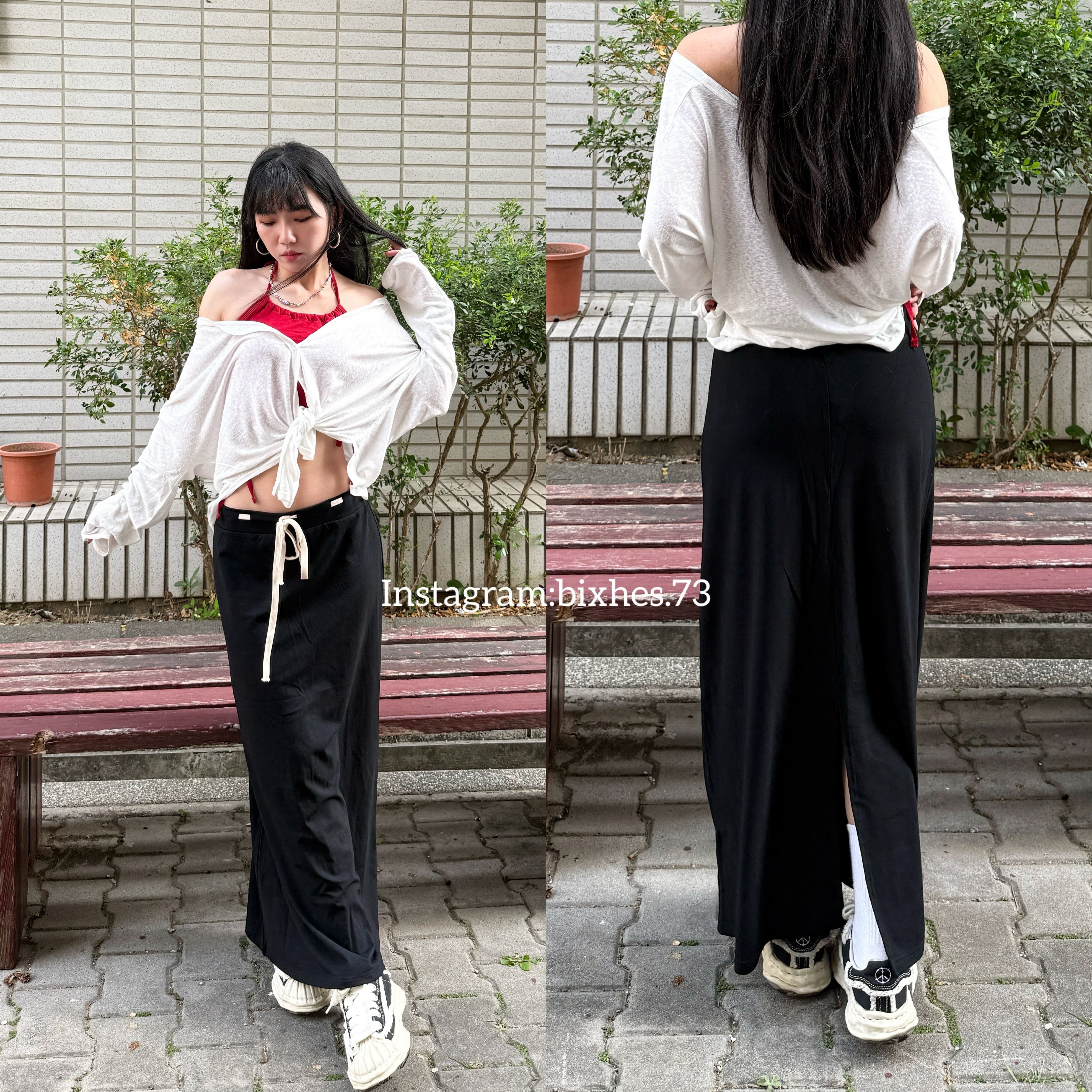 舒適白線抽繩棉質長裙(D00028)