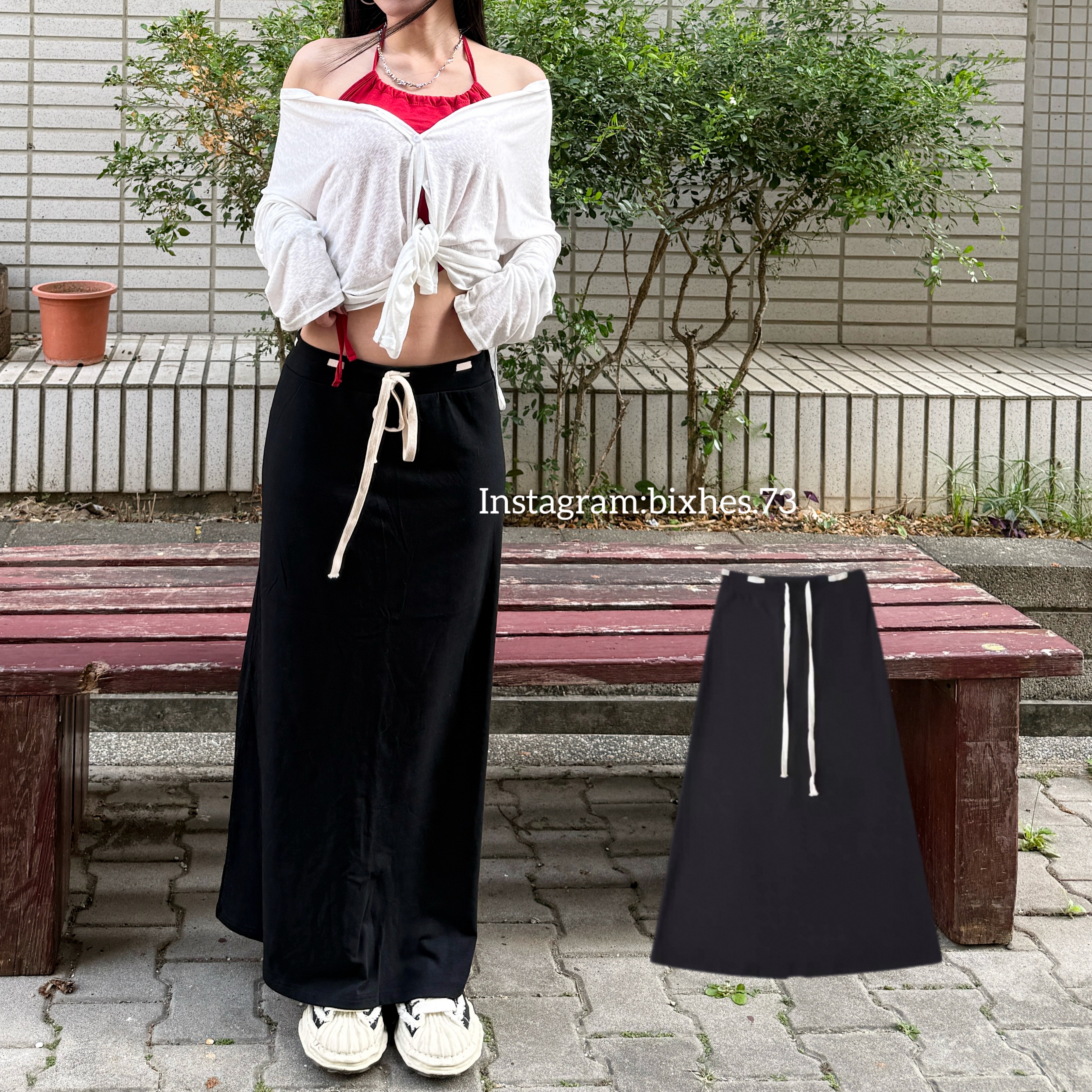 舒適白線抽繩棉質長裙(D00028)