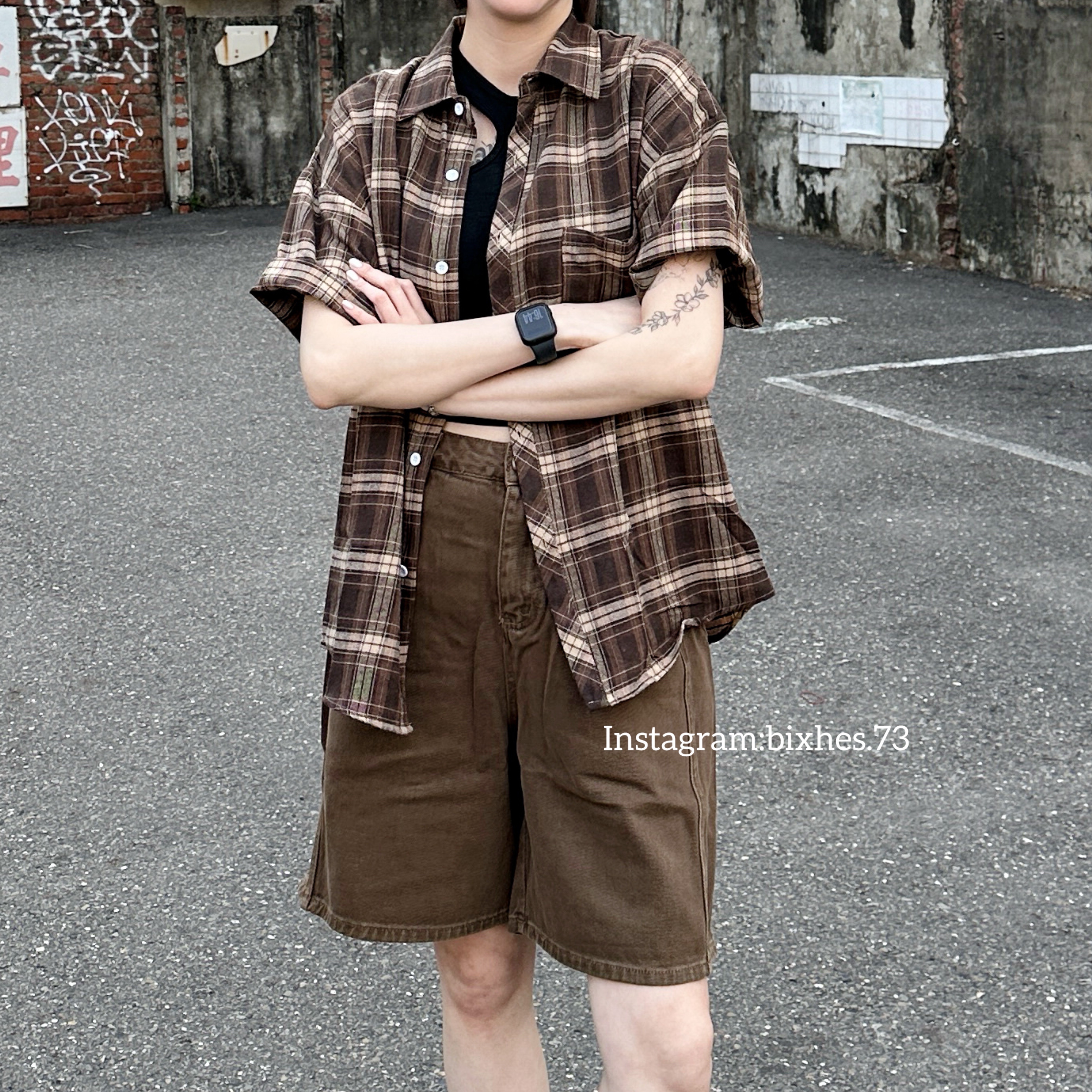 口袋格紋短袖襯衫(G00008)