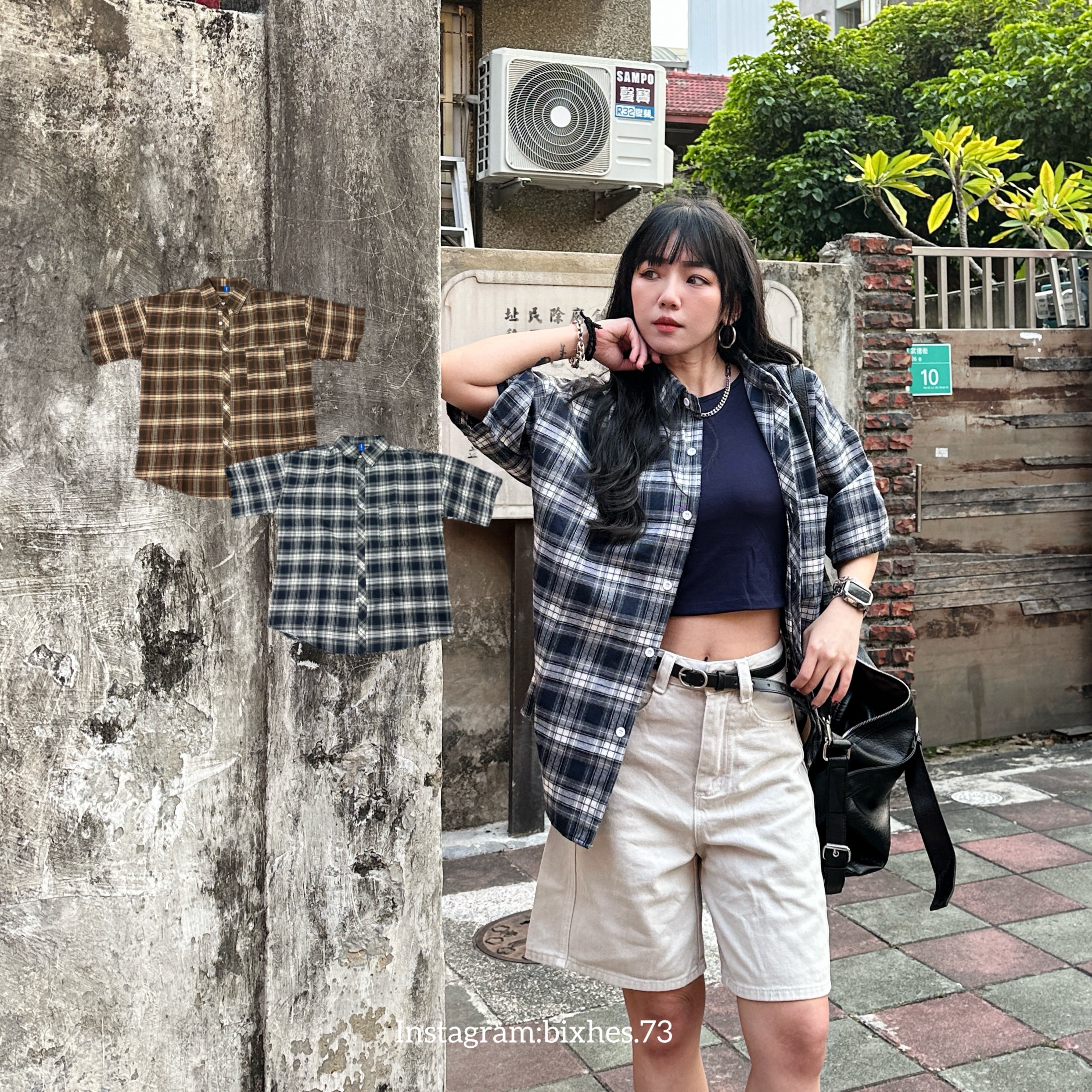 口袋格紋短袖襯衫(G00008)