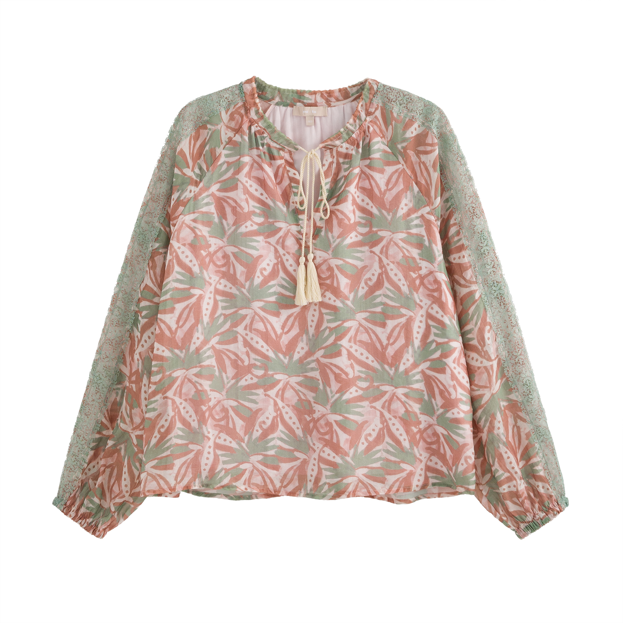 mi-tu 蕾丝拼接印花上衣