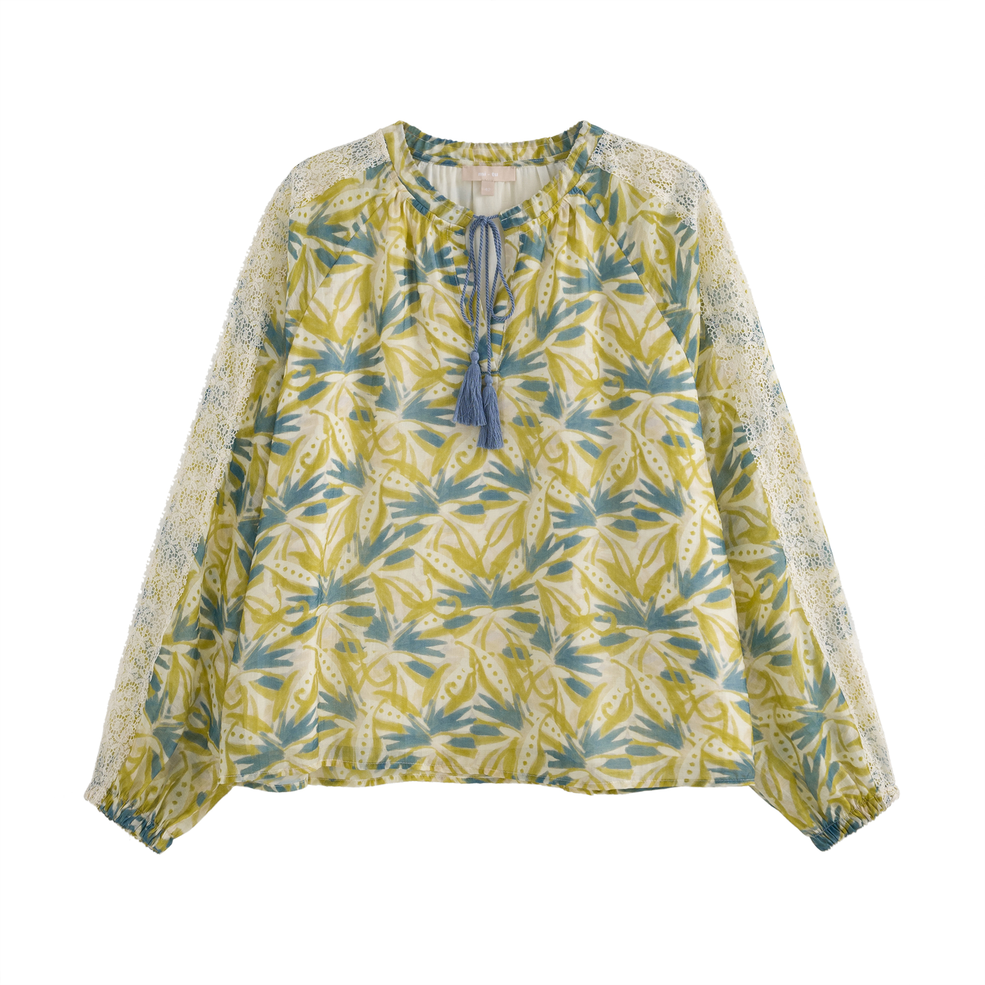 mi-tu 蕾丝拼接印花上衣