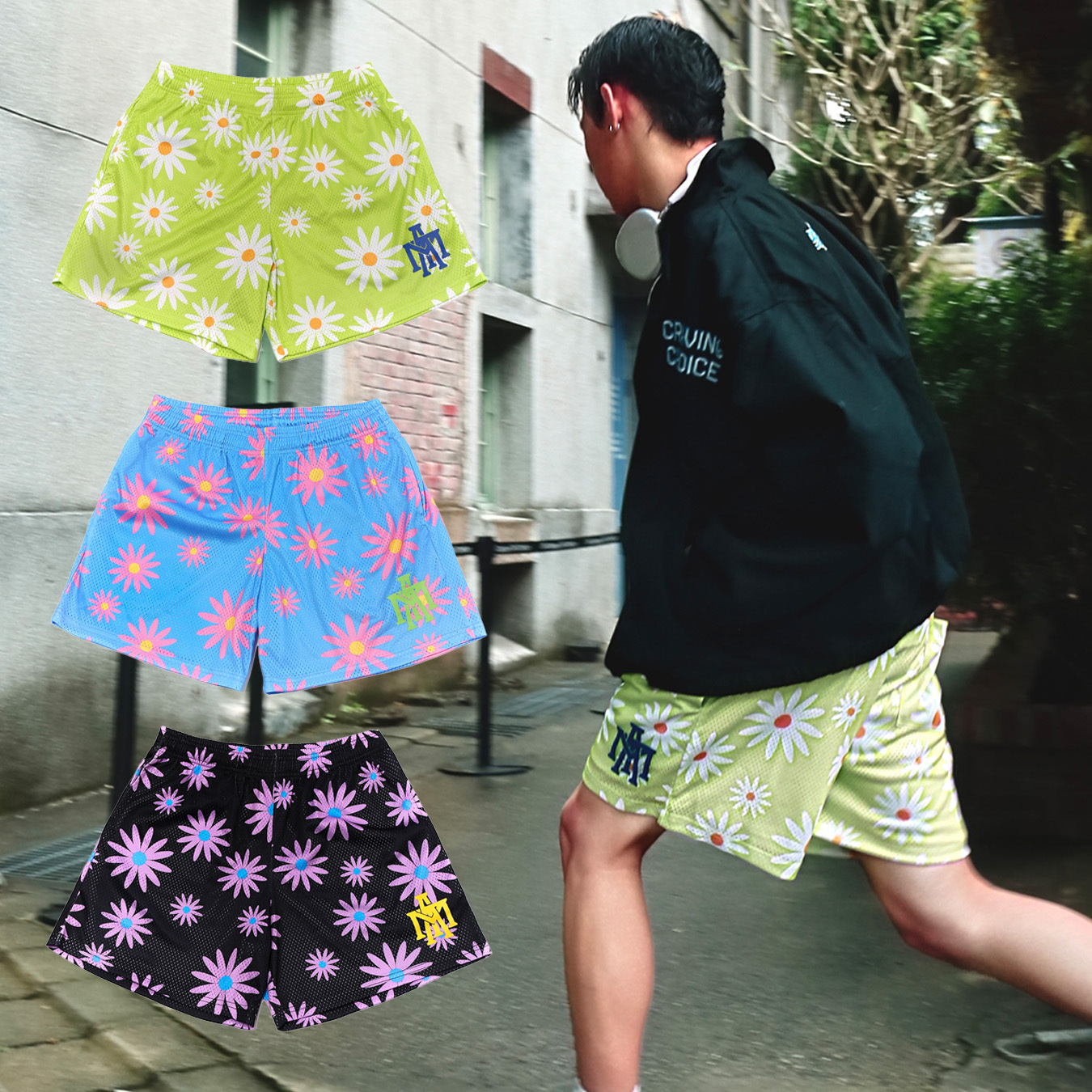 MTA MUM MESH SHORT 黑色 綠色 藍色 透氣 單層 網布 滿版 印花 菊花 短褲【M26SBS1】