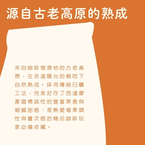 來自咖啡發源地的古老高原,在赤道陽光的親吻下自然熟成。採用傳統日曬工法,完美封存了西達摩產區標誌性的豐富果香與細膩甜感,是熱愛莓果調性與層次感的精品咖啡玩家必備收藏。 🇪🇹 來自人類搖籃的恩賜:衣索比亞.艷陽紅寶石 西達摩 如果您嚮往一杯「層次豐