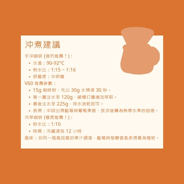 手沖咖啡 (強烈推薦!): 水溫:90-92°C 粉水比:1:15 ~ 1:16 研磨度:中研磨 V60 推薦參數: 15g 咖啡粉,先以 30g 水預浸 30 秒。 第一圈注水至 120g,緩慢打圈增加萃取。 最後注水至 225g,待水流乾即可。 表現:中段出現藍莓與葡萄果感,放涼後轉為熱帶水果的甜感。 冷萃咖啡 (極度推薦!): 粉水比:1:10 時間:冷藏浸泡 12 小時 風味:如同一瓶高品質的果汁調酒,藍莓與發酵香氣表現最為極致。