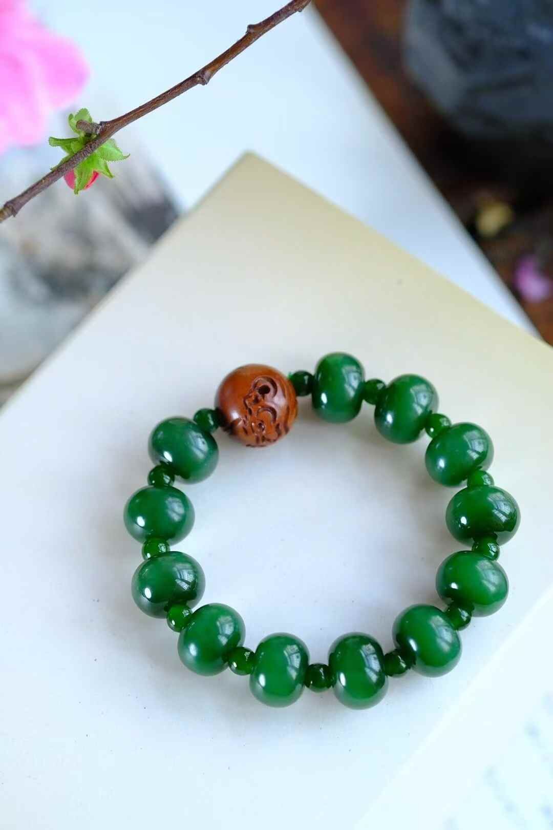 和田玉碧玉鼓珠手鏈,天然和田玉軟玉