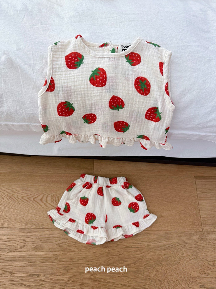 正韓夏PEACHPEACH 兩色花邊草莓上衣