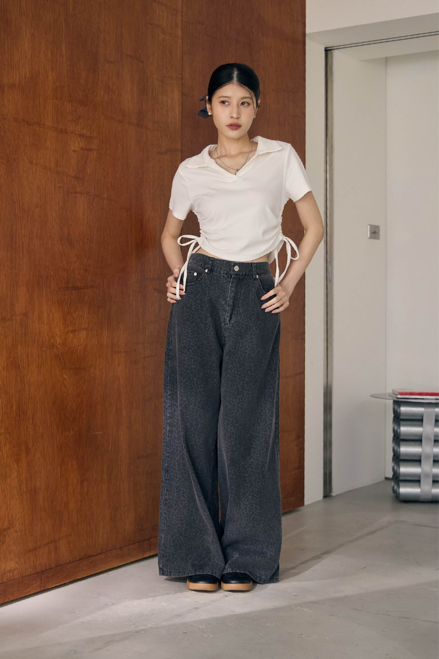 高腰豹紋牛仔寬褲