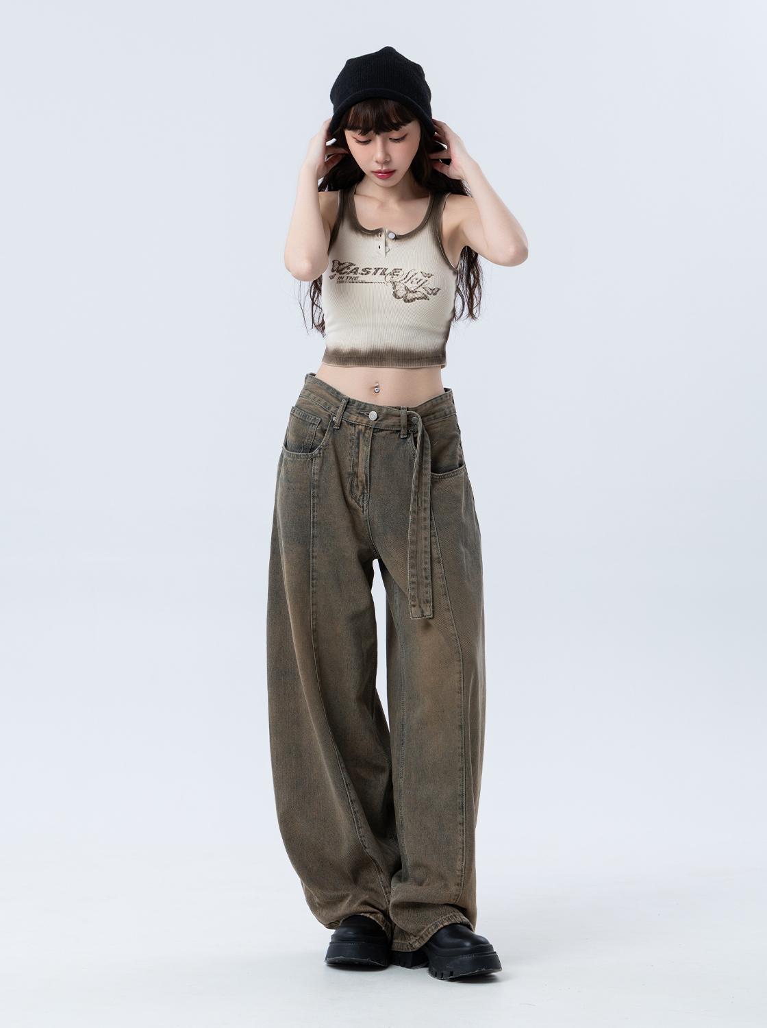 【2件1499】腰帶式刷色寬鬆錐形牛仔褲