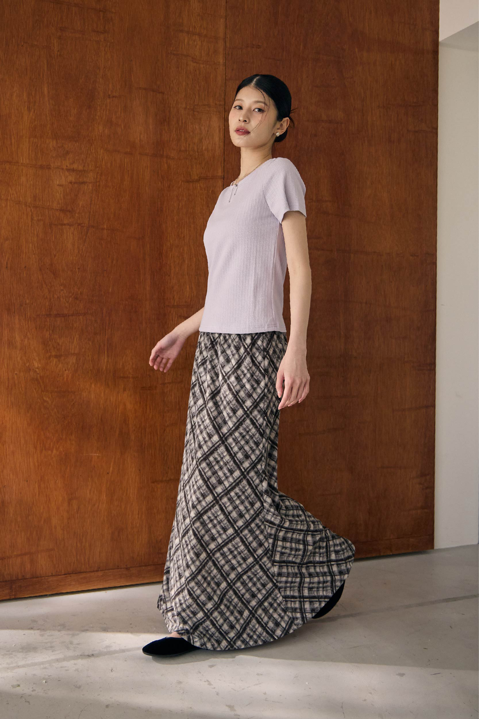 斜格紋綁帶垂墜長裙