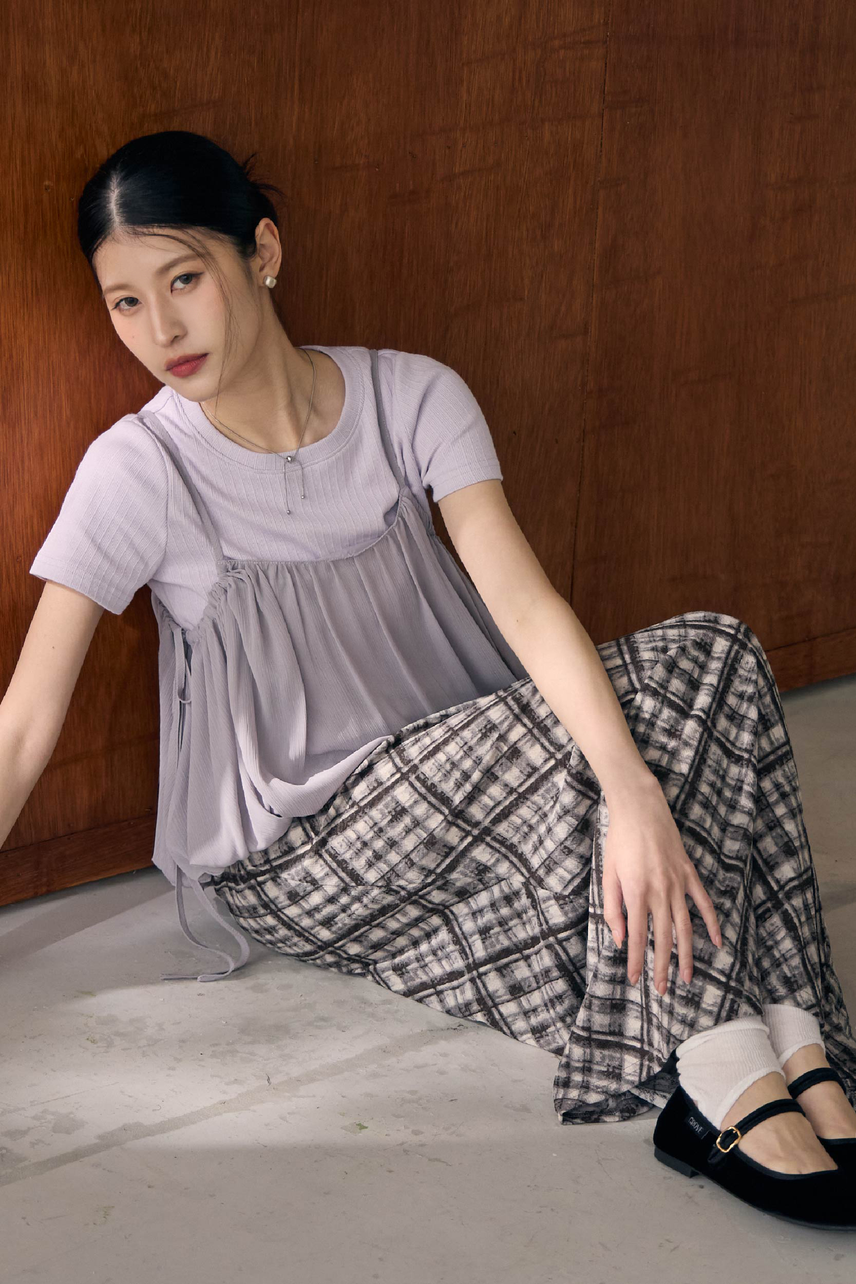 斜格紋綁帶垂墜長裙