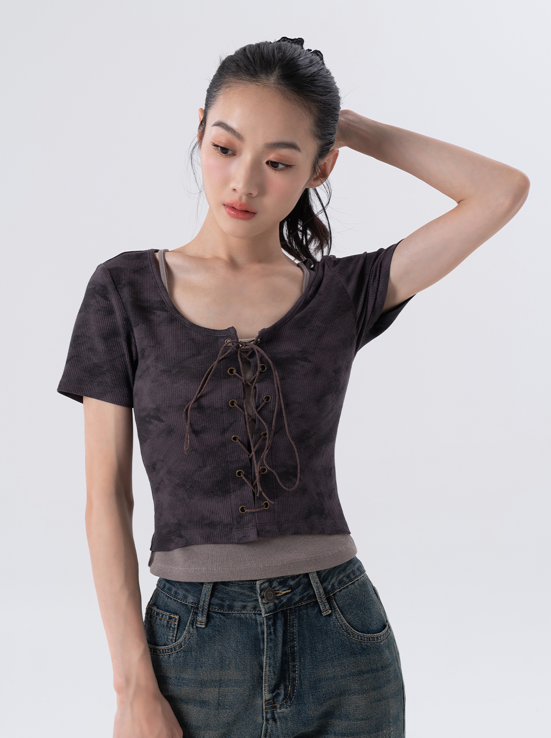 綁帶雲染假兩件上衣