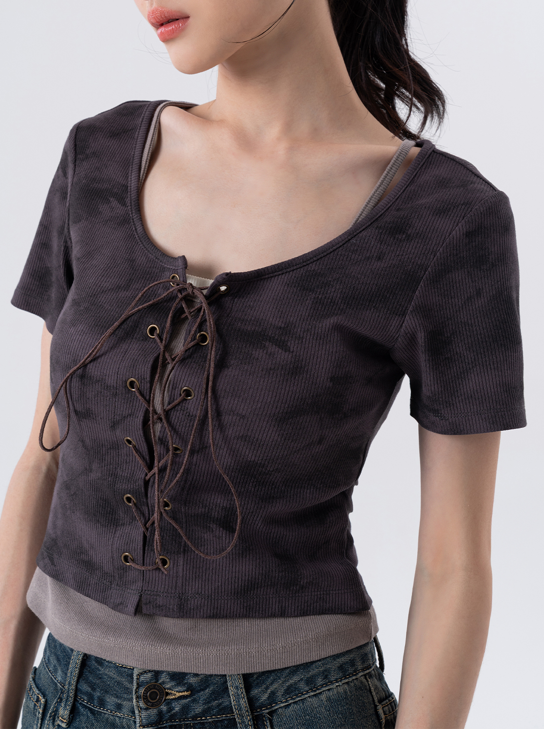 綁帶雲染假兩件上衣