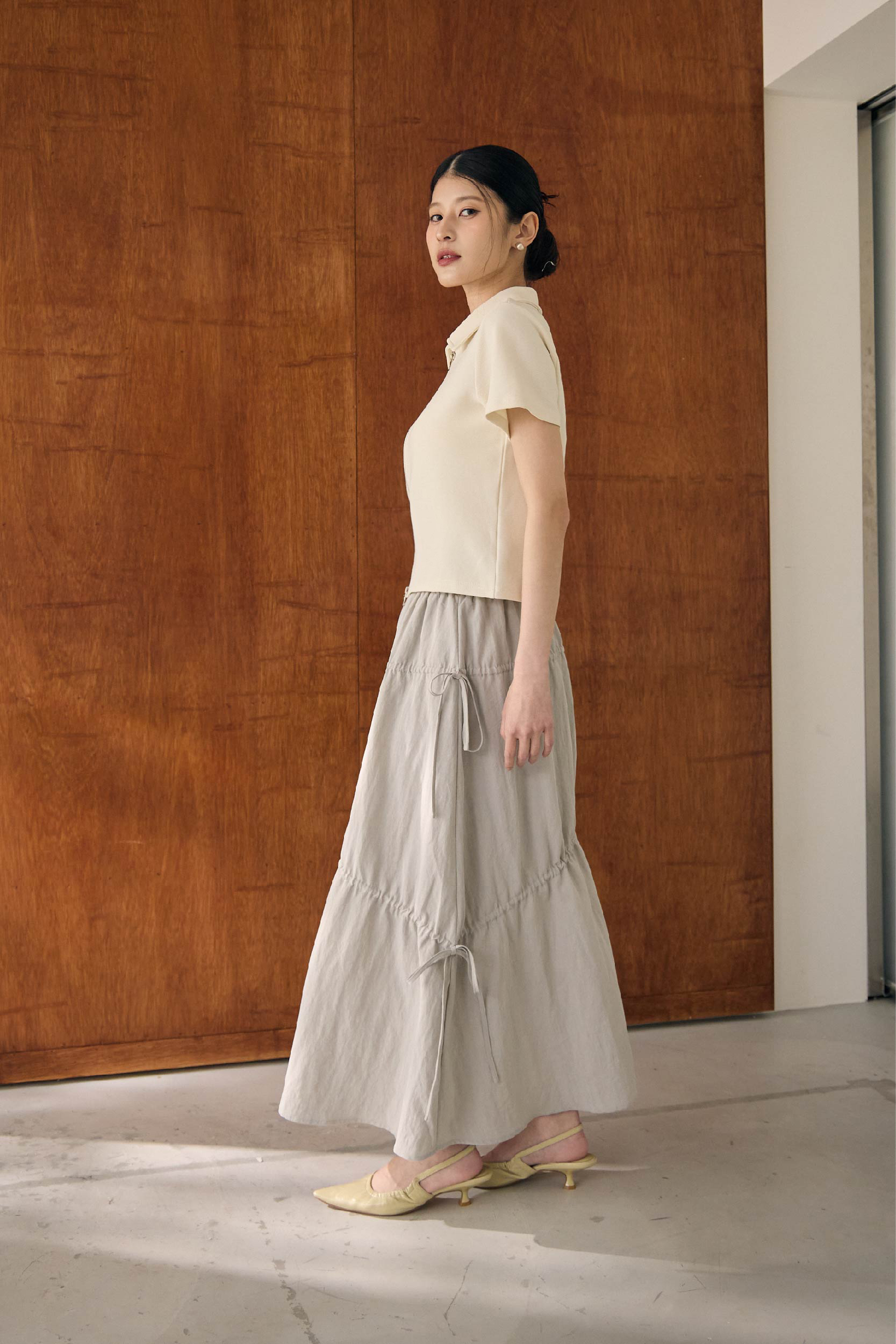 腰鬆緊造型側綁帶長裙