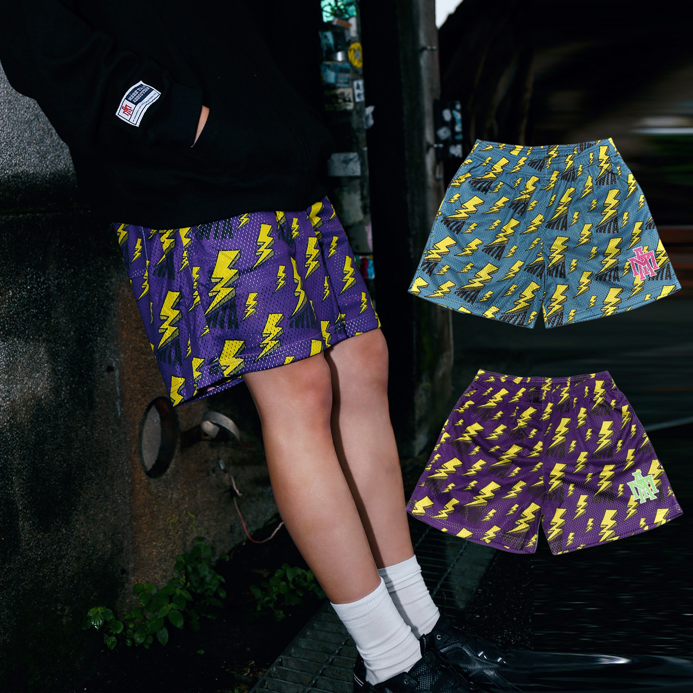 MTA FULL THUNDER MESH SHORT 藍色 紫色 透氣 單層 滿版 閃電 網布 短褲【M26SBS3】